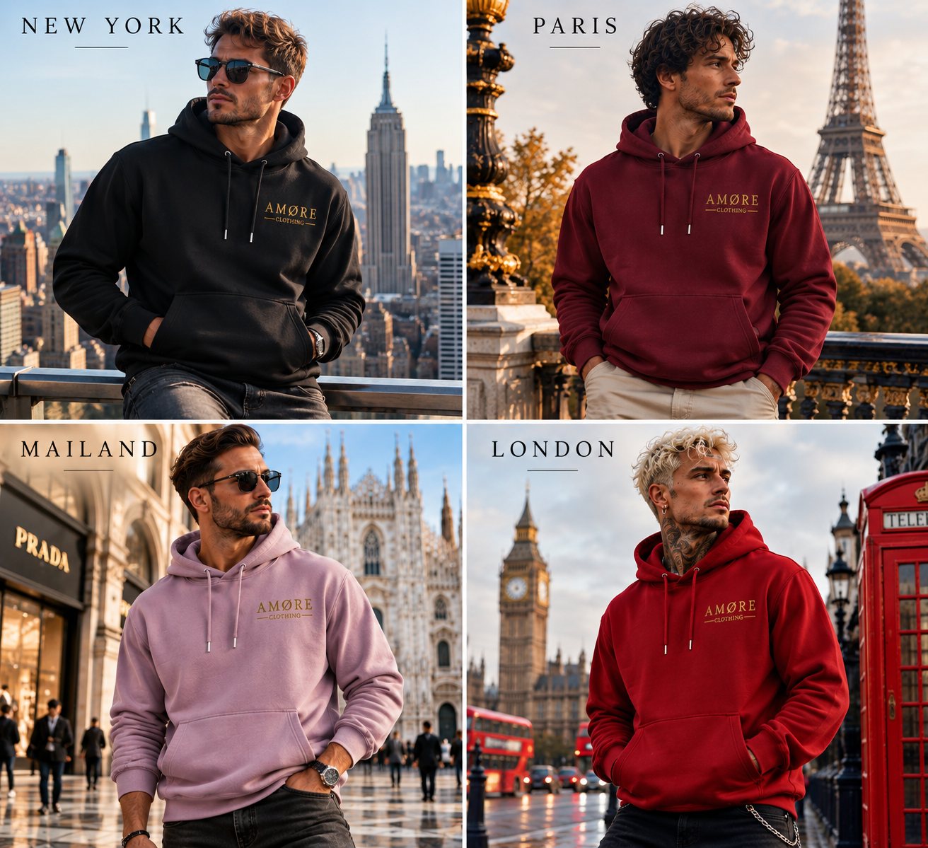 Amore Hoodies in Schwarz, Bordeaux, Rosé und Rot – fotografiert in New York, Paris, Mailand und London